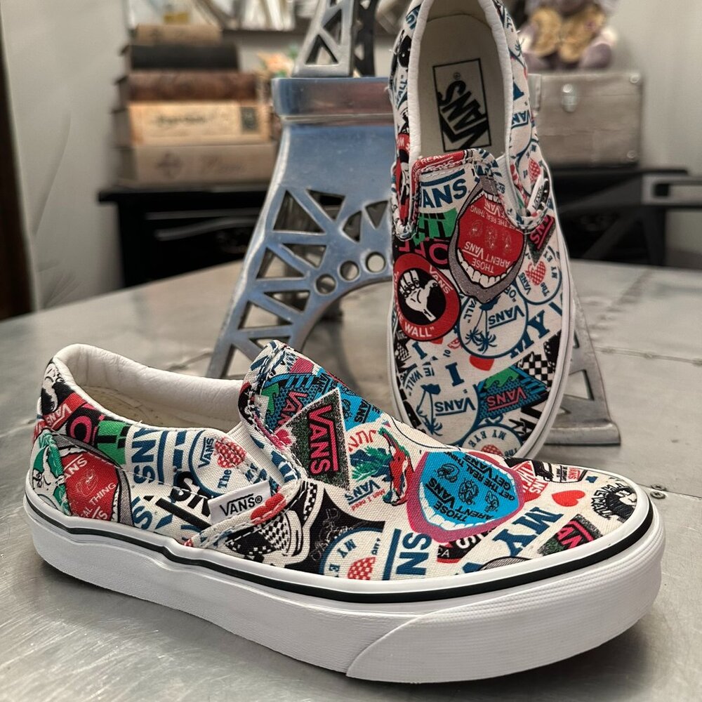 Rare Vans Classic Sticker Mash Up Slip-Ons - Size 6W/4.5M